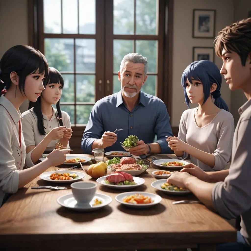 A family meal: Show a family sitting together at a dining table, sharing a meal and conversing. This image highlights the significance of family meals and the opportunity for open communication.