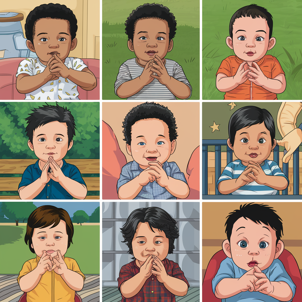 A collage or collection of images showing babies using sign language in various settings (home, park, restaurant, etc.)