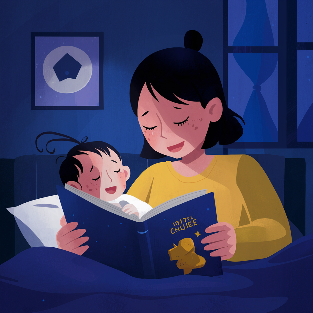 A parent reading a bedtime story to a baby, promoting a calming bedtime routine