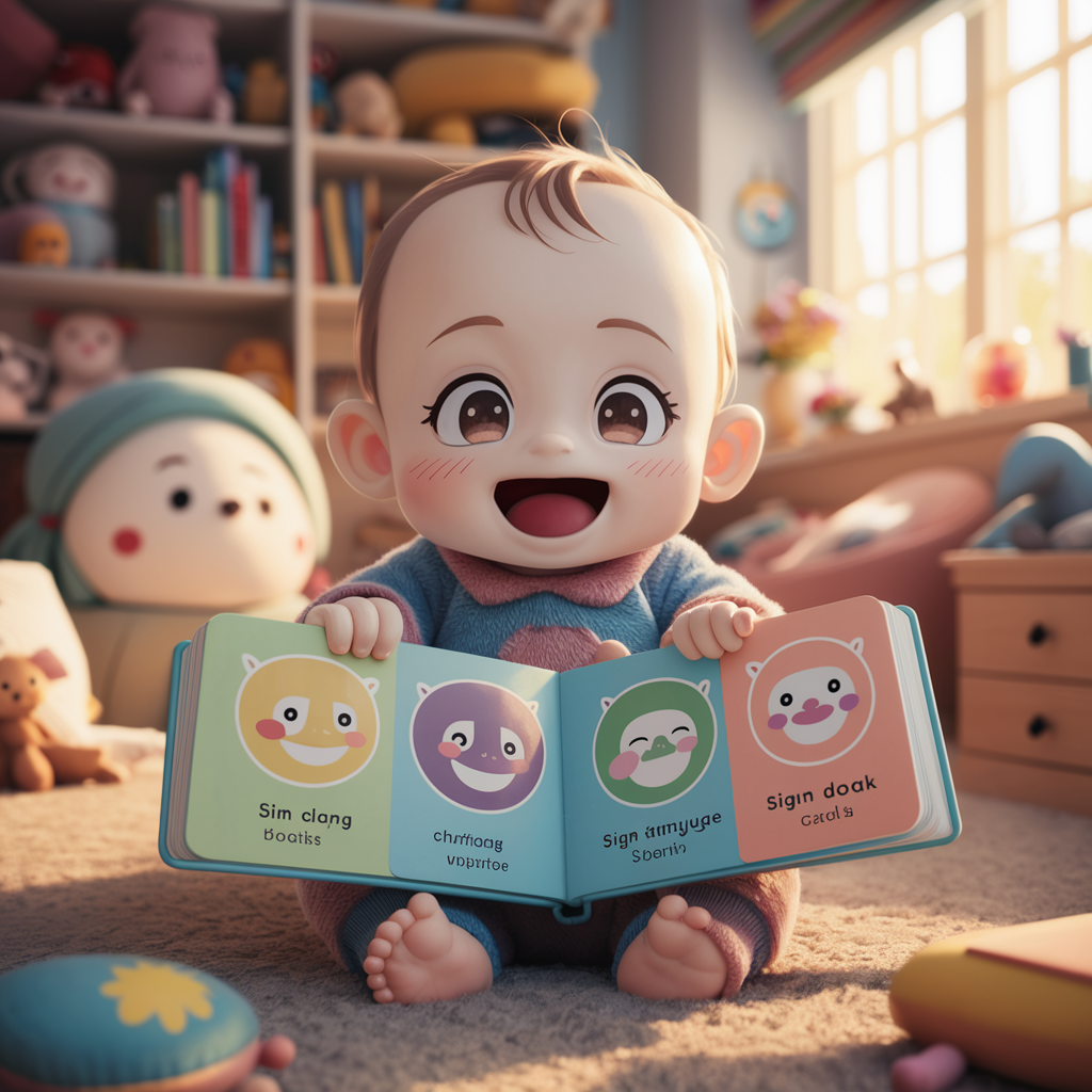A baby book or flashcards featuring baby sign language illustrations