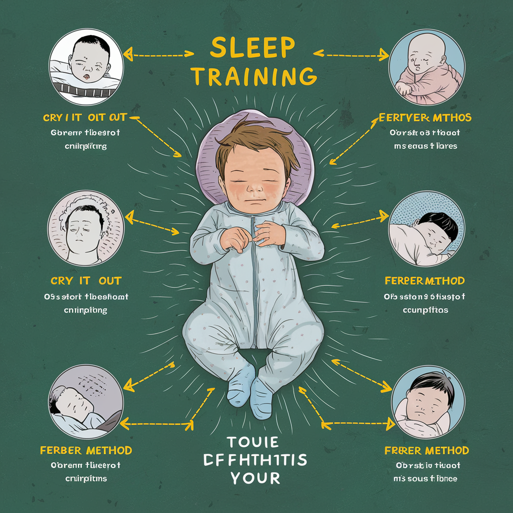 A diagram or illustration explaining different sleep training methods (e.g., cry it out, Ferber method)
baby sleep solutions