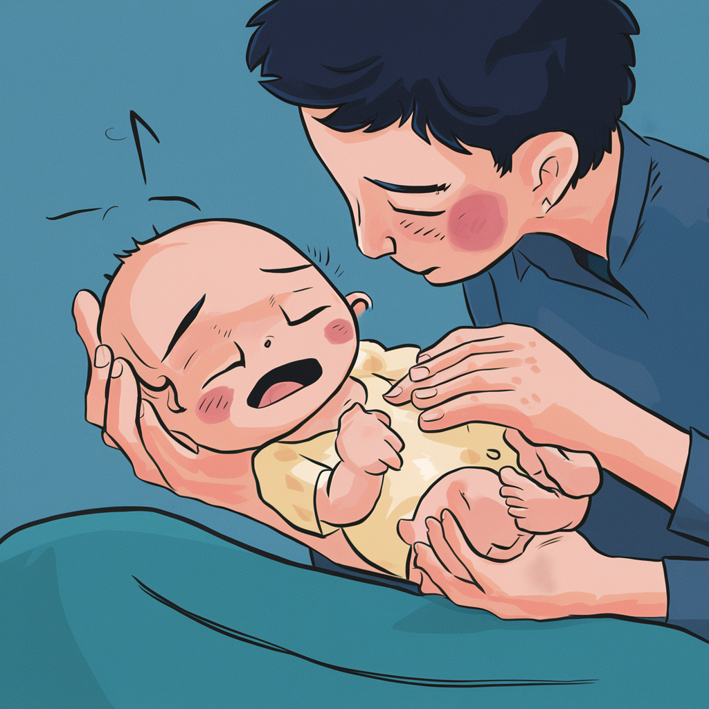 A parent gently rocking or swaying a crying baby, demonstrating soothing techniques for colicky infants
