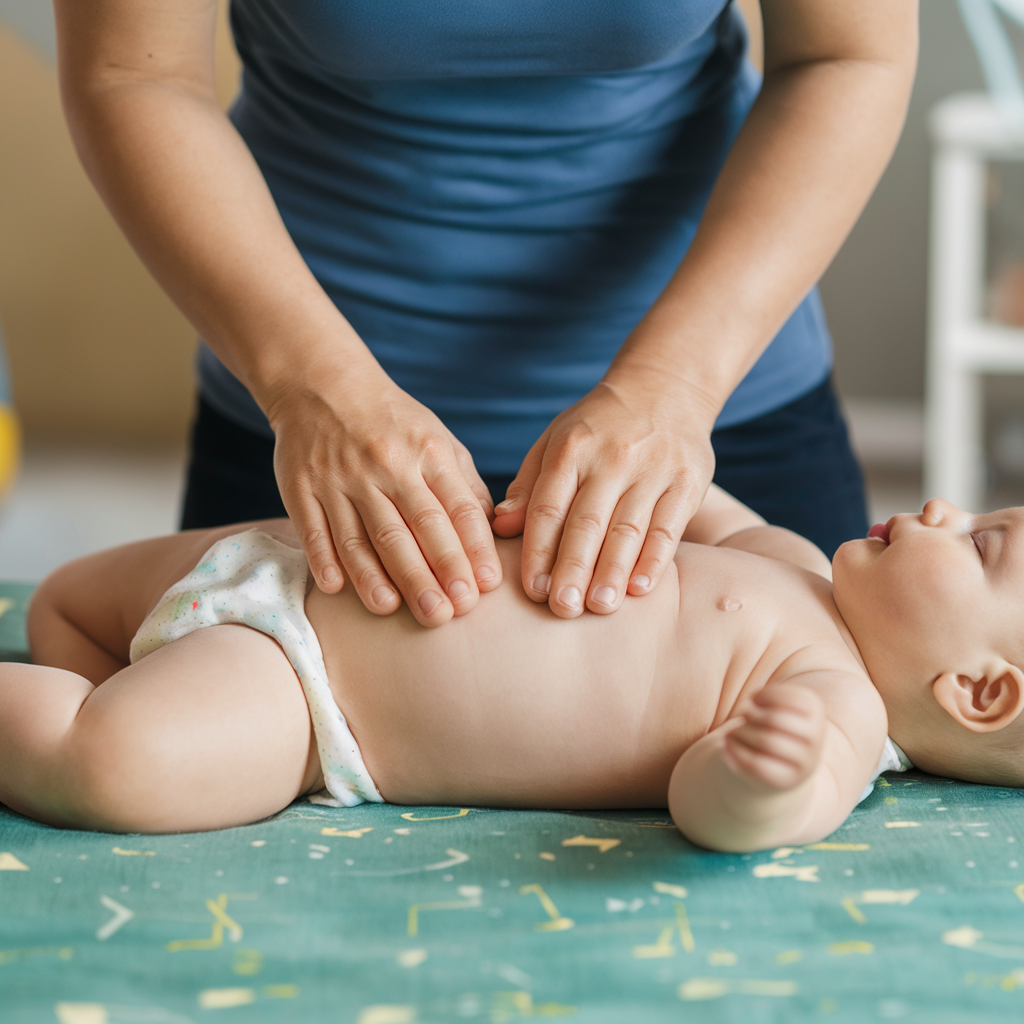 A parent practicing infant massage on a baby's stomach, a strategy that may help alleviate colic symptoms.