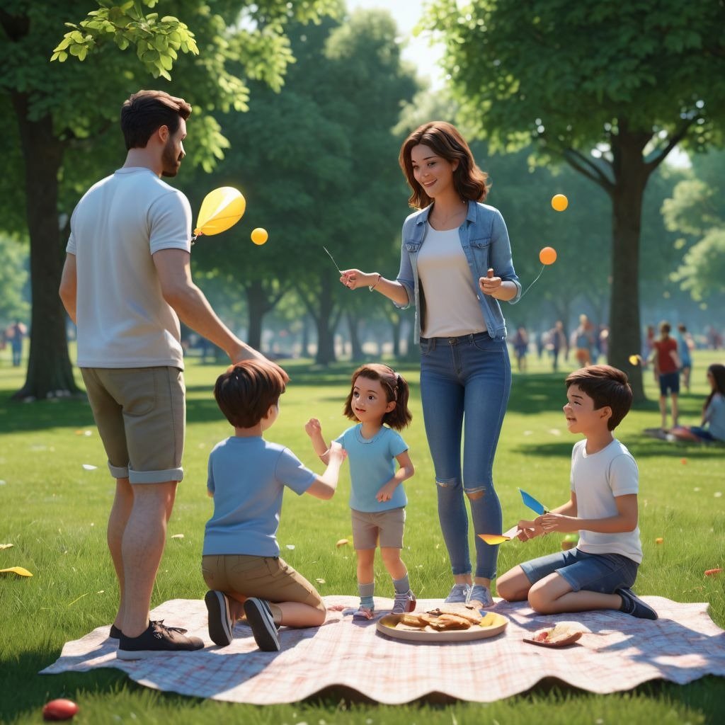 A family picnic or outdoor activity: Show a happy family spending quality time together in a park or outdoor setting, enjoying activities like playing frisbee, flying a kite, or having a picnic. This captures the idea of creating quality time and shared experiences.