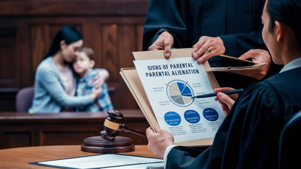A courtroom setting with a concerned parent presenting evidence to a judge. The parent is holding a folder of documents and pointing to a chart or visual aid that outlines signs of parental alienation. In the background, a child is shown being comforted by a supportive figure. The scene conveys the seriousness of the issue and the importance of gathering and presenting evidence effectively. The atmosphere should be professional, focused, and supportive, emphasizing the goal of seeking justice and resolution., photo, cinematic
