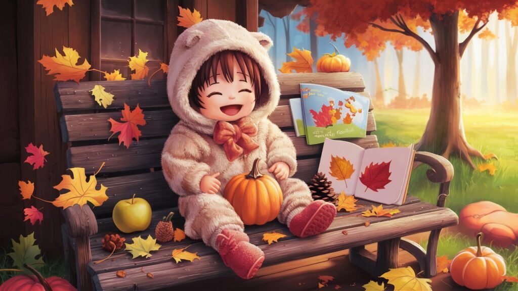 A cheerful toddler in cozy fall clothing (like a sweater and boots) sitting on a rustic wooden bench or hay bale. The toddler is surrounded by fall elements such as: A small pumpkin in their lap Colorful fall leaves scattered around An apple and a pine cone within reach A fall-themed picture book nearby Maybe a simple fall craft they've made, like a leaf rubbing, propped up beside them The background could be a warm, soft-focus autumn scene with trees showing fall colors. The lighting should be warm and inviting, suggesting a crisp fall day. This image would encapsulate many of the activities discussed in the article - outdoor exploration, crafts, reading, and sensory play - while also conveying the cozy, fun atmosphere of fall activities for toddlers. It would be eye-catching and immediately convey the topic of the article to potential readers.