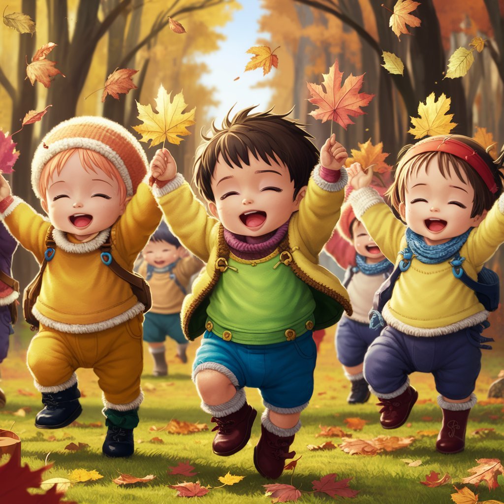 A group of toddlers dancing with colorful fall leaves in their hands, in mid-motion.