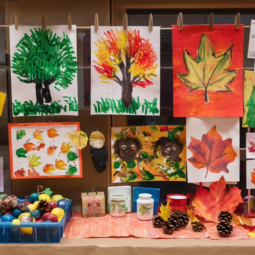 A display of various toddler-made fall crafts, including handprint trees, leaf prints, and pinecone paintings.