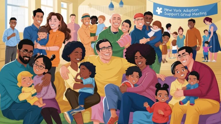 A diverse group of smiling families, including different ethnicities, same-sex couples, and single parents, gathered in a bright, welcoming community center room. Some adults are talking in small groups, while others are hugging or comforting each other. Children of various ages play together in the background. A banner on the wall reads 'New York Adoption Support Group Meeting'. The image should convey a sense of warmth, community, and support.