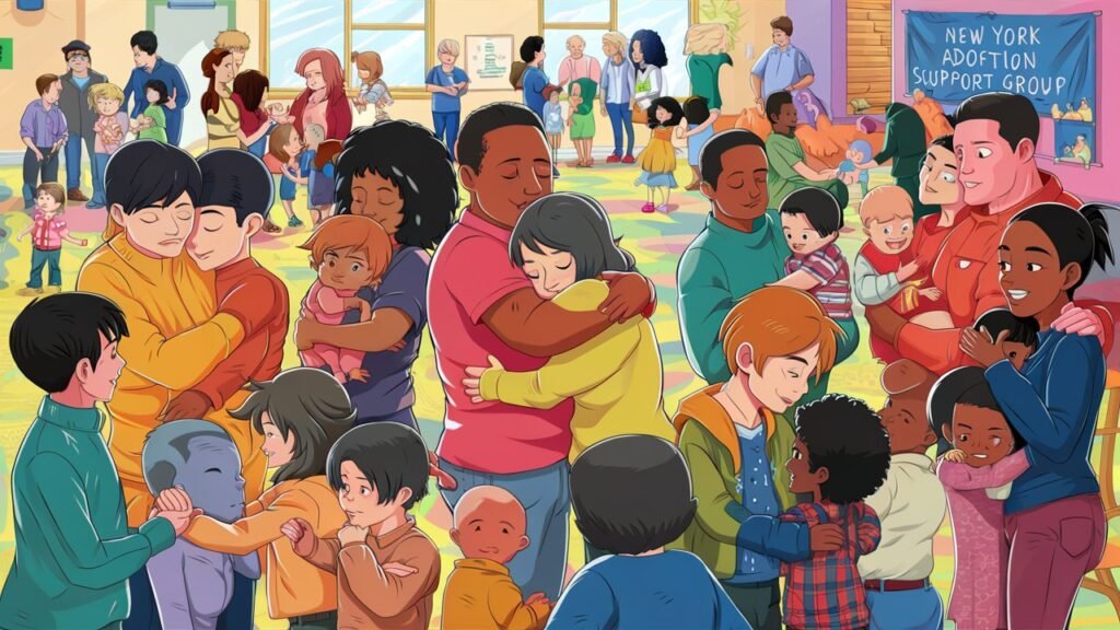 A diverse group of smiling families, including different ethnicities, same-sex couples, and single parents, gathered in a bright, welcoming community center room. Some adults are talking in small groups, while others are hugging or comforting each other. Children of various ages play together in the background. A banner on the wall reads 'New York Adoption Support Group Meeting'. The image should convey a sense of warmth, community, and support.