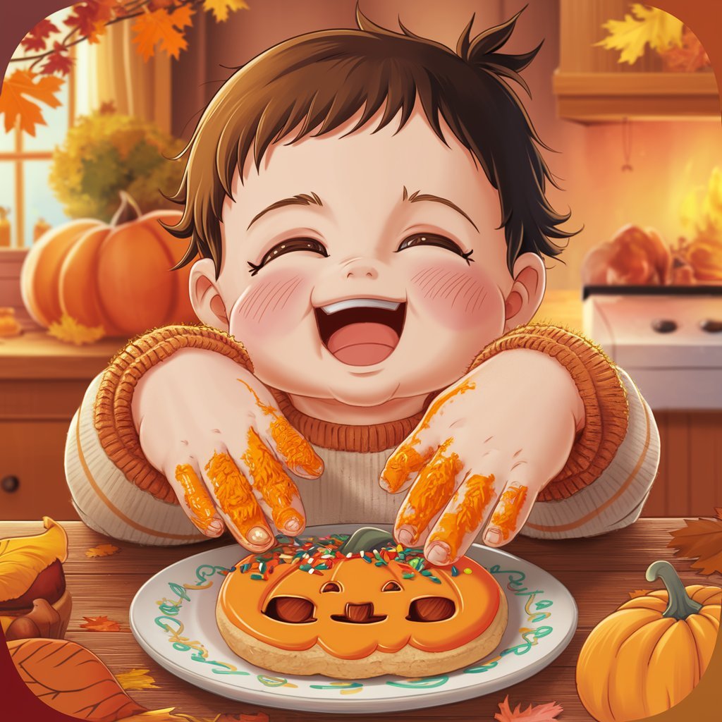A close-up of a toddler's hands decorating a fall-themed sugar cookie with orange frosting and sprinkles.
