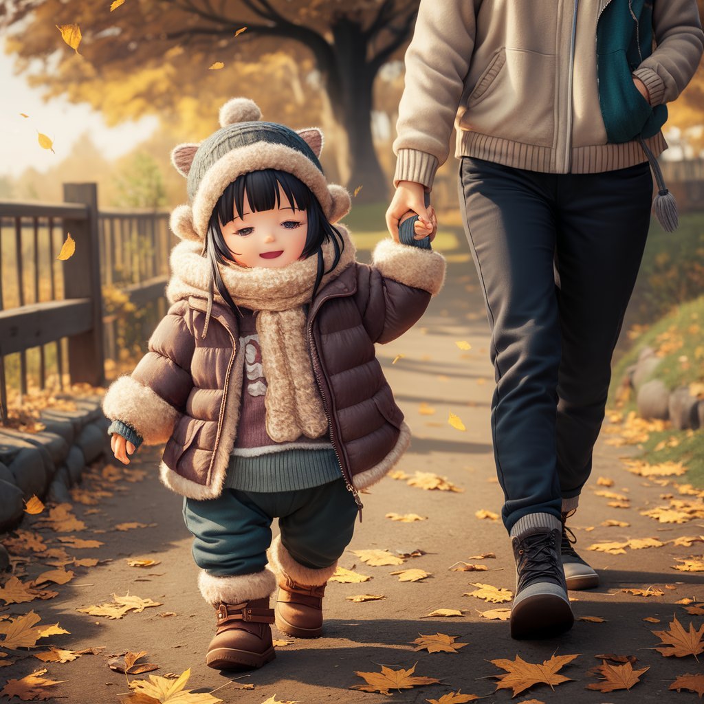 A toddler dressed in warm, layered fall clothing, holding an adult's hand while walking on a leaf-covered path.