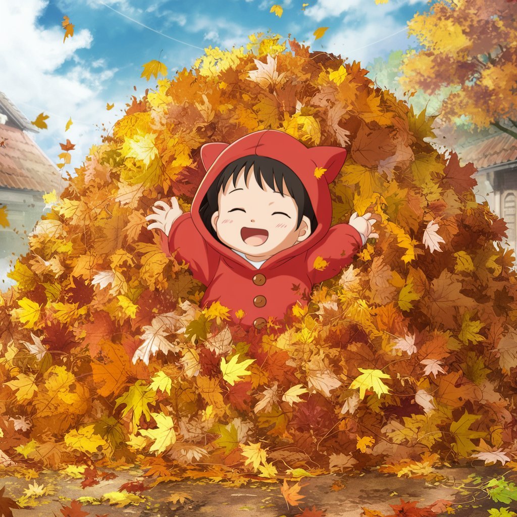 A toddler playing in a pile of colorful fall leaves, with a big smile on their face.