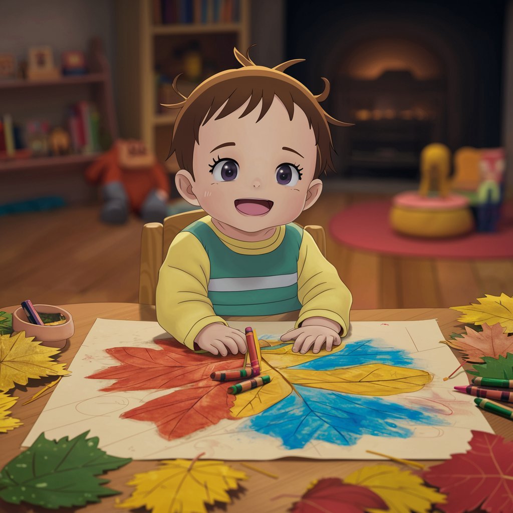 A toddler sitting at a table doing a leaf rubbing craft, with colorful leaves and crayons scattered around.