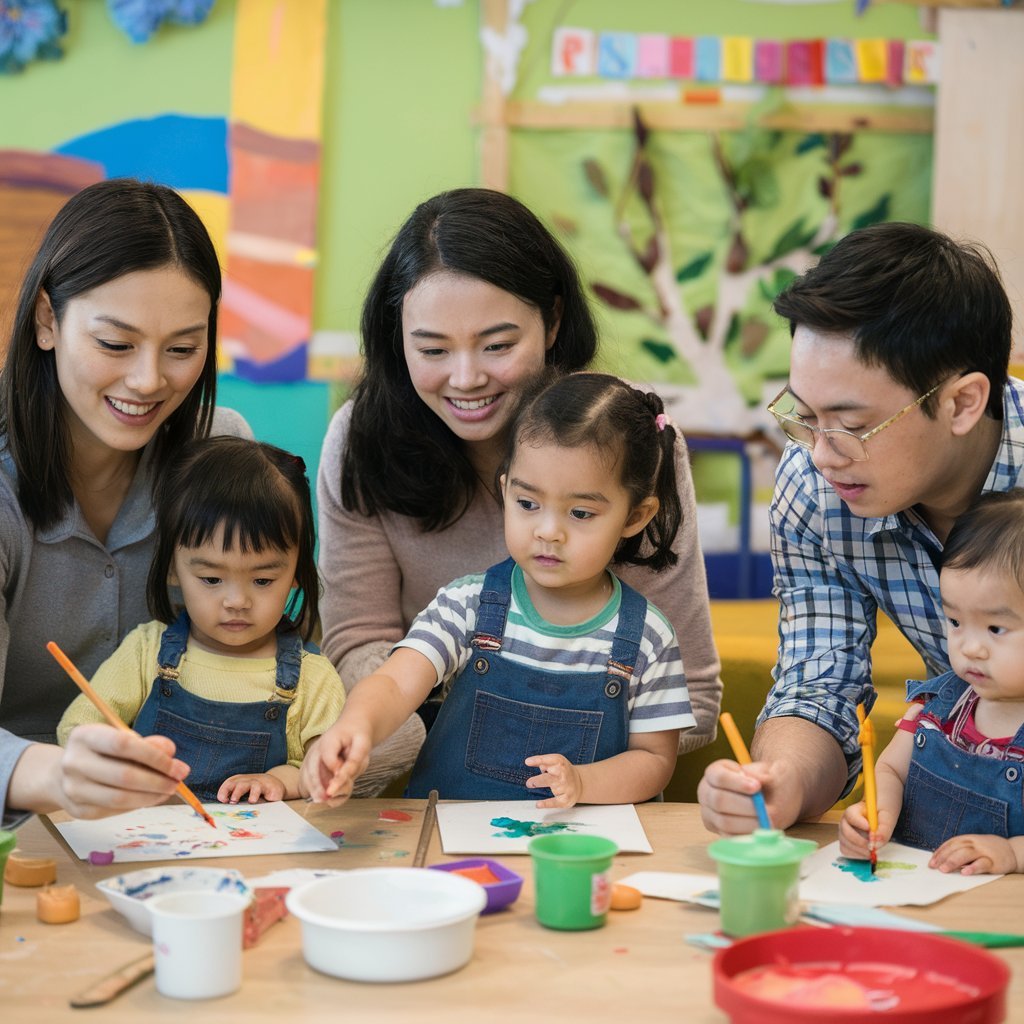 A photo portraying parents and children actively participating together in a cooperative preschool setting, showcasing the sense of community and parent involvement.