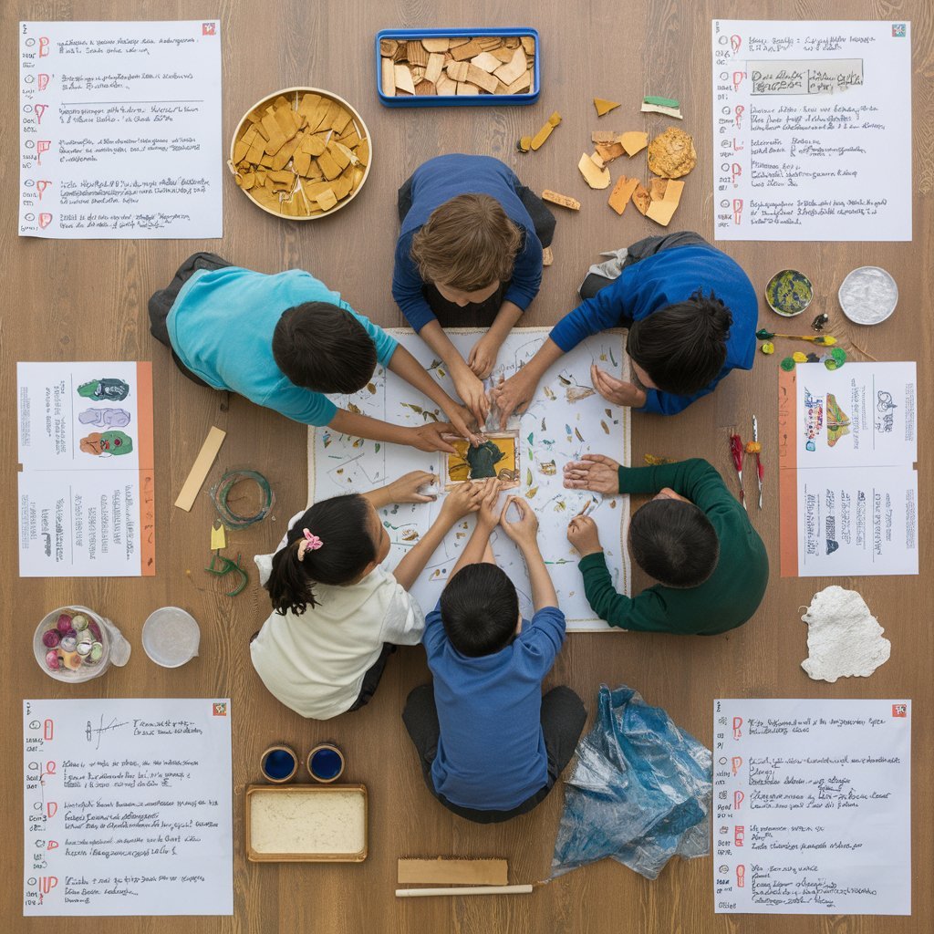 A photograph illustrating children collaborating on a long-term project, surrounded by materials and documentation of their learning process, highlighting the Reggio Emilia approach to child-led inquiry.
