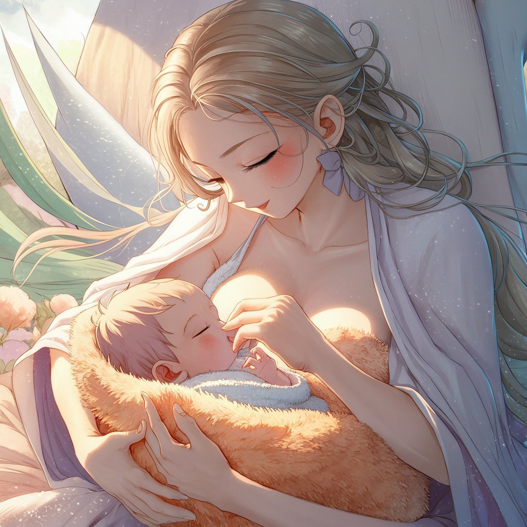 A mother breastfeeding her newborn baby in a peaceful, nurturing setting.