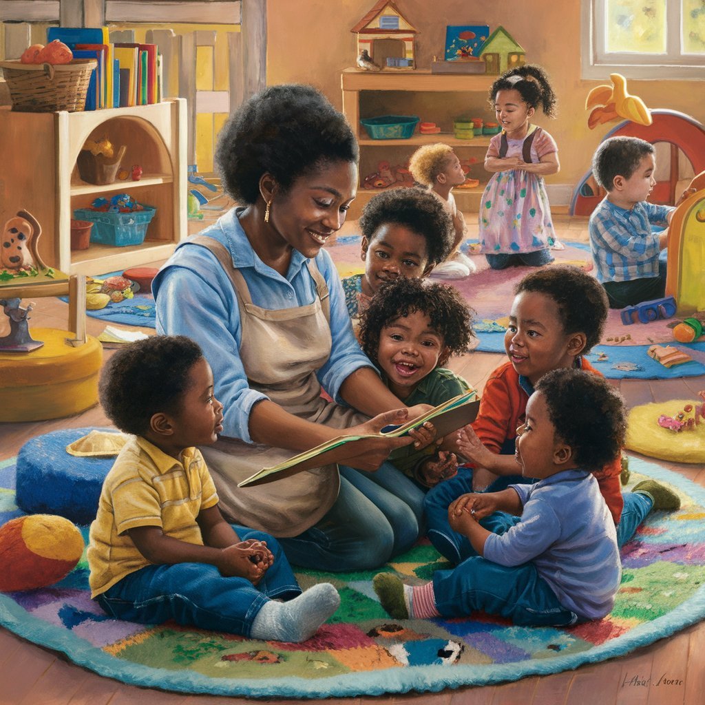 An image depicting a cozy home-based childcare setting with a caring provider interacting with children in a nurturing environment.