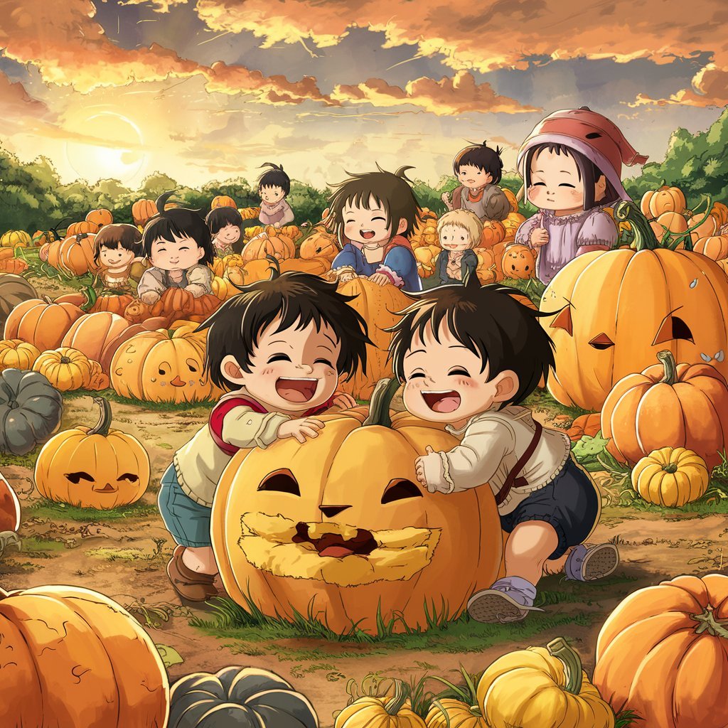 A panoramic shot of toddlers at a pumpkin patch, surrounded by pumpkins of various sizes.
