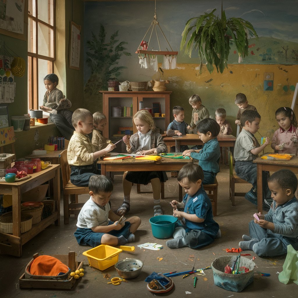 An image depicting a group of young children engaged in various educational activities in a classroom setting, showcasing the diversity of early childhood education environments.