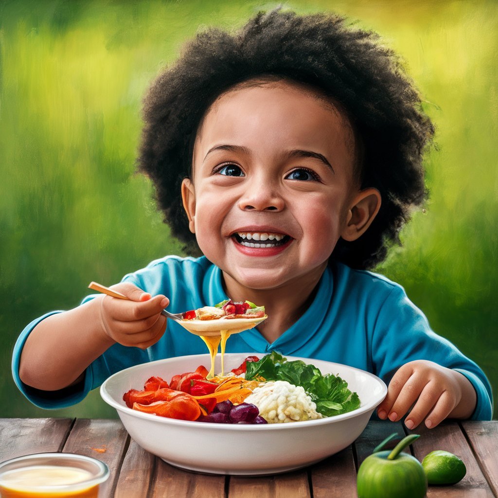 An image of a smiling child enjoying a nutritious meal can evoke positive emotions and convey the message that healthy eating can be enjoyable for kids.