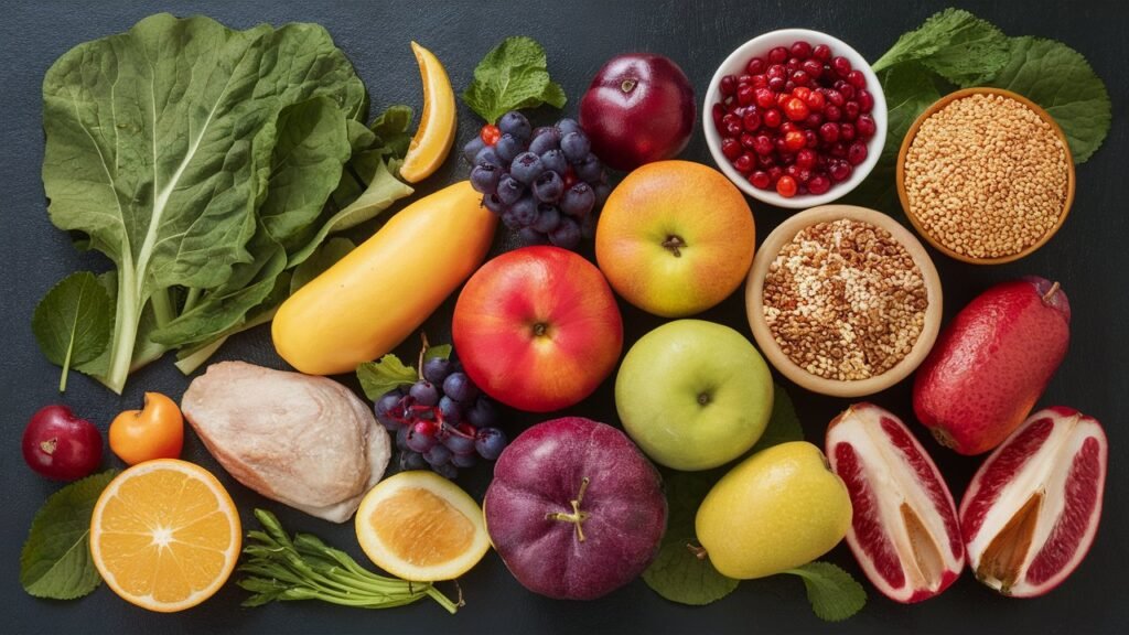 Close-up images of nutrient-rich foods such as leafy greens, colorful fruits, whole grains, and lean proteins can visually emphasize the variety and quality of foods that support children's growth and development.