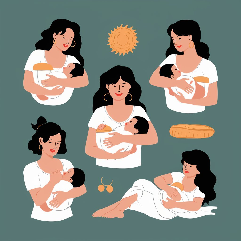 Illustration or diagram showing different breastfeeding positions (cradle hold, cross-cradle hold, laid-back position, side-lying position).