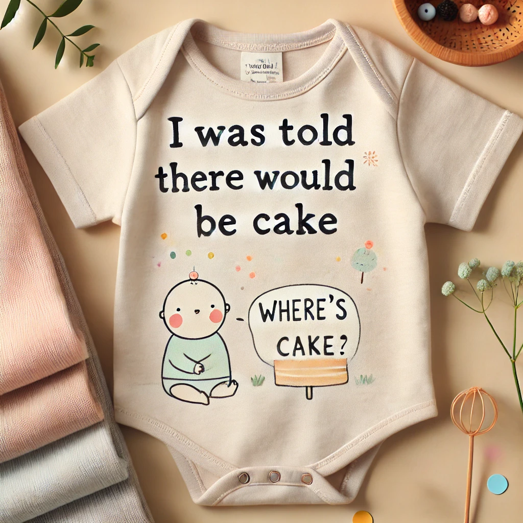 A newborn onesies laid flat on a soft, neutral-colored background, such as light beige or pastel gray. The onesie itself should be in a gentle pastel color like soft pink or pale blue. The text "I Was Told There Would Be Cake" is featured in a fun, whimsical font that conveys a sense of playful disappointment.