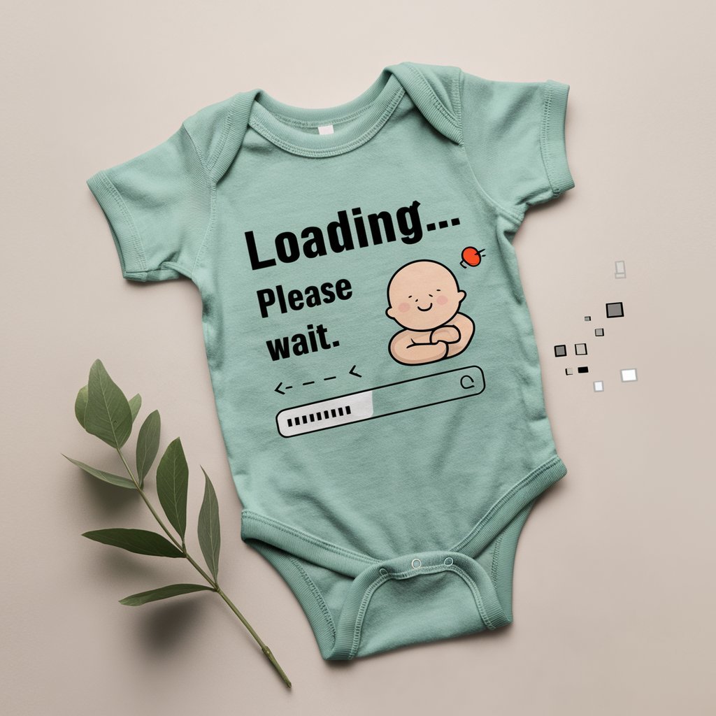 A newborn onesies displayed flat on a neutral background, such as light gray or white. The onesie itself should be in a soft, modern color like mint green or pale blue. The text "Loading... Please Wait" is prominently featured in a clean, tech-inspired font that mimics digital loading screens.