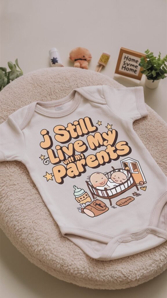 A newborn onesies displayed flat on a soft, neutral-colored surface, such as light gray or beige. The onesie features the text "I Still LiveWith My Parents" in a playful, bold font that has a slightly retro feel. To add a humorous touch, include a small illustration of a cute baby lounging comfortably in a tiny crib, surrounded by cartoonish versions of household items like a baby bottle, a plush toy, and a little “Welcome Home” doormat. In the background, place a few subtle props like a miniature "Home Sweet Home" sign and a tiny houseplant to emphasize the cozy, homey theme