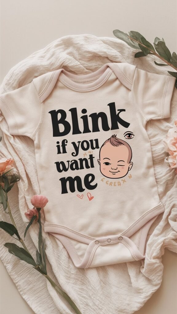 A newborn onesies displayed flat on a soft, neutral-colored background, such as light cream or pastel gray. The onesie should be ina classic, understated color like white or soft pink. The text "Blink If You Want Me" is prominently featured in a fun, cheeky font, perhaps with playful, handwritten-style lettering. Include a charming illustration of a winking baby with a mischievous smile, adding to the flirtatious tone of the onesie. The baby could be surrounded by small, whimsical elements like hearts or sparkles to emphasize the irresistible charm. For added humor, include a tiny, cartoonish eye with a wink next to the text. The background should be simple and unobtrusive to keep the focus on the onesie and its playful message.