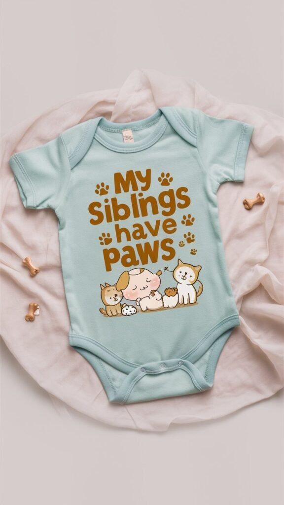 A newborn onesies displayed flat on a soft, neutral-colored background like pale gray or light beige. The onesie is in a calming pastelcolor, such as soft blue or mint green. The text "My Siblings Have Paws" is featured in a charming, playful font that combines whimsy with readability. Add a cute illustration of a baby surrounded by adorable, cartoon-style pets—like a dog, a cat, and perhaps a few paw prints scattered around. The pets could be drawn with friendly expressions and little accessories, such as a collar or a bow. To enhance the theme, include a few small, subtle props around the onesie, like a tiny toy bone or a small pet bed, but keep the focus on the onesie and its adorable message.