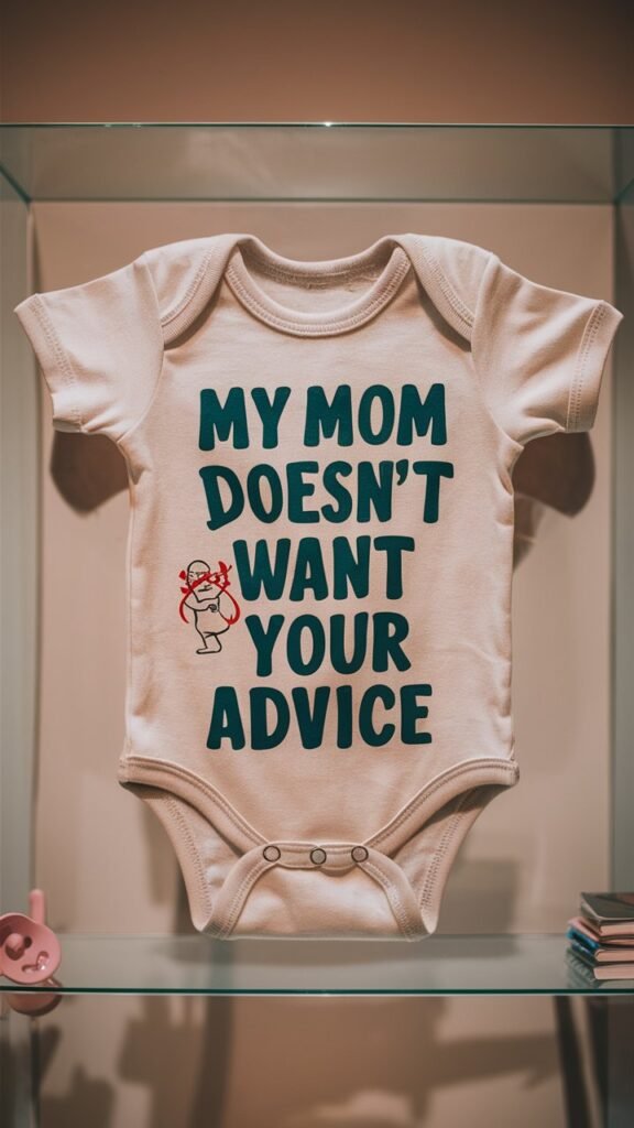 A newborn onesies displayed on a clean, neutral background with the text 'My Mom Doesn't Want Your Advice' printed on it. The onesie should be in a soft, neutral color like white, light gray, or pale pink. The text should be in a playful yet assertive font, with the words 'Doesn't Want Your Advice' highlighted in a contrasting color to emphasize the message. Consider adding a small, cheeky illustration like a crossed-out speech bubble or a cartoon baby with arms crossed to enhance the theme. The background could include subtle elements like a baby pacifier or a small stack of parenting books, adding to the humorous and relatable tone.