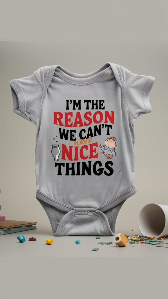 A newborn onesies displayed on a clean, neutral background with the text 'I'm The Reason We Can't Have Nice Things' printed on it. The onesie should be in a light color like white, gray, or soft blue. The text should be in a playful, bold font, with a humorous, slightly mischievous design. Consider adding a small illustration, such as a broken vase, scattered toys, or a baby holding a piece of something they've just 'redecorated,' to emphasize the theme. The background could include subtle elements like a tipped-over cup or a scattered stack of books, adding to the playful, tongue-in-cheek tone.