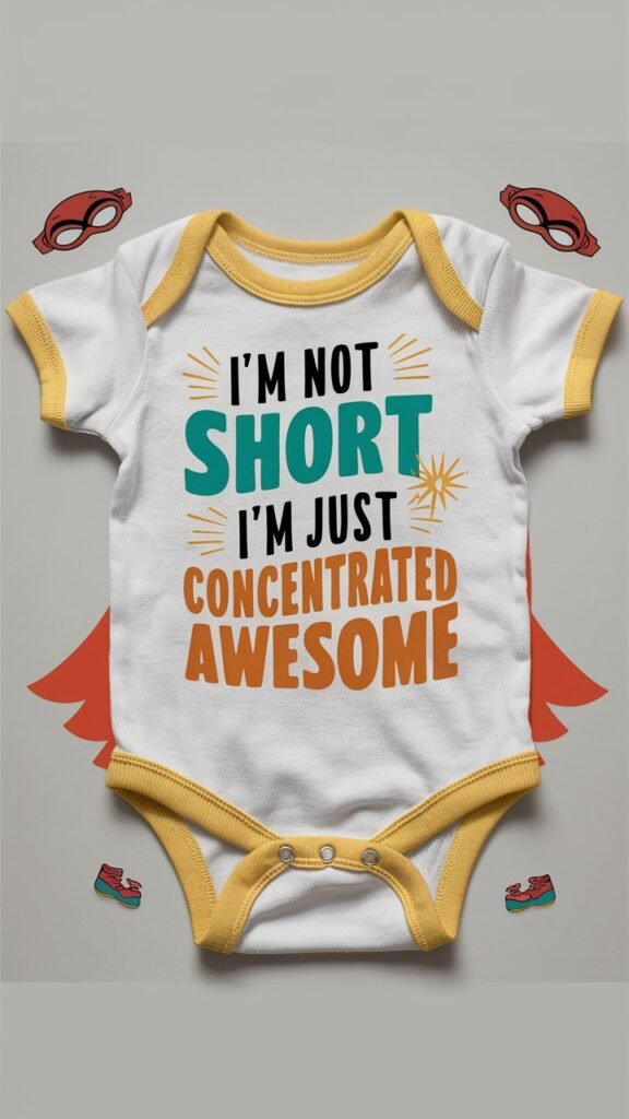 A newborn onesies displayed on a clean, neutral background with the text 'I'm Not Short, I'm Just Concentrated Awesome' printed on it. The onesie should be in a bright, cheerful color like white, light blue, or sunny yellow. The text should be in a fun, bold font, with the words 'Concentrated Awesome' highlighted in a vibrant color to make them stand out. Consider adding a small, playful illustration like a starburst or a tiny superhero cape to emphasize the 'mighty' theme. The background could include subtle elements like a baby superhero mask or a pair of tiny baby shoes, adding to the confident and playful vibe.