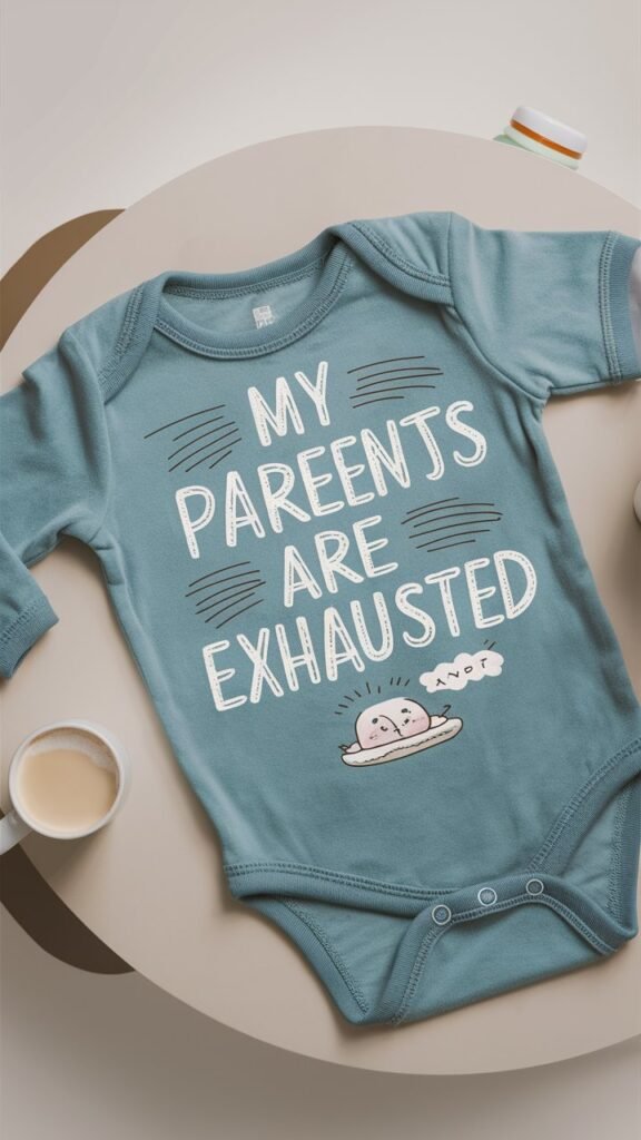 A newborn onesies displayed on a comfortable, homey surface with the text 'My Parents Are Exhausted Because I'm Awesome' printed on it. The onesie should be in a soft, inviting color like pastel blue, lavender, or light gray. The text should be in a bold, cheerful font, with the word 'Awesome' highlighted in a bright, standout color to emphasize the baby’s charm. Consider adding a small illustration, like a shining star or a sleepy moon, to playfully convey the theme of exhaustion. The background could include subtle elements like a cozy blanket, a cup of coffee, or a pair of tired-looking baby shoes, reinforcing the humor and relatability for parents.