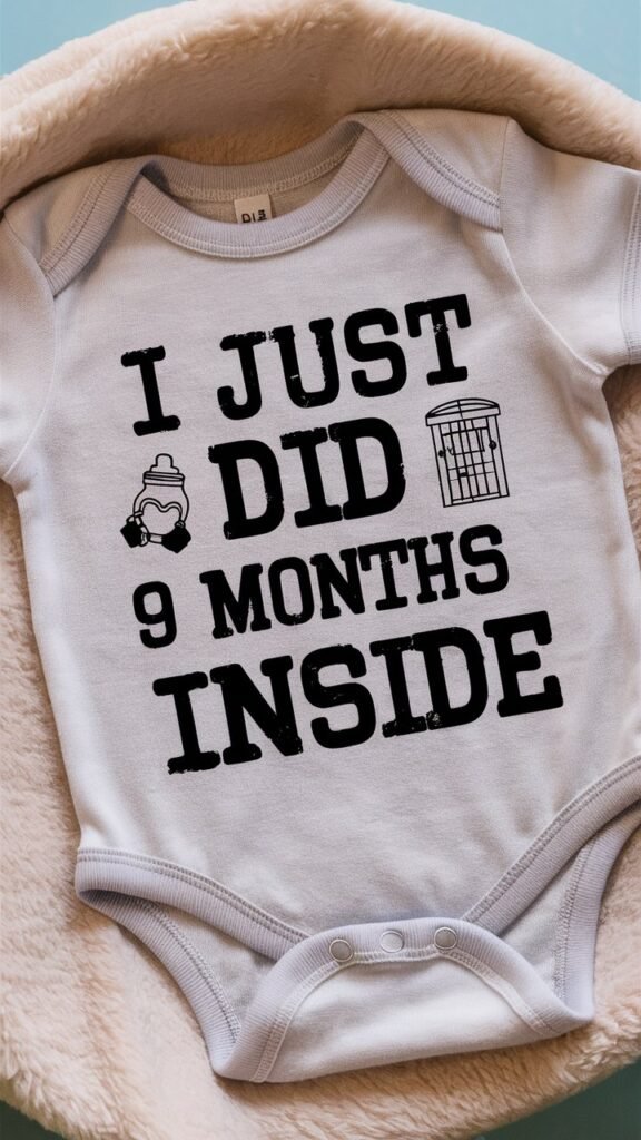 A newborn onesie displayed on a flat surface with the text 'I Just Did 9 Months on the Inside' printed on it. The onesie should be in a soft, light gray or white color. The text should be in a playful yet bold font, resembling a prison typewriter style, with the words clearly visible. Add a small, humorous illustration of baby handcuffs or a tiny prison cell in the design. The background should be neutral, allowing the onesie to stand out, and include some subtle references to law enforcement, like a small police badge or cap nearby, to enhance the theme.