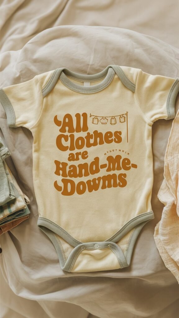 A newborn onesies displayed on a soft, neutral background with the text 'All My Clothes Are Hand-Me-Downs' printed on it. The onesie should be in a light, vintage-inspired color like soft beige, pastel green, or pale yellow. The text should be in a charming, retro-style font, with a small, cute illustration of a clothesline with tiny baby clothes hanging on it. The words 'Hand-Me-Downs' could be highlighted in a different color or font to emphasize the theme. The background could include subtle elements like a folded baby blanket, a small stack of baby clothes, or a vintage toy, creating a warm and nostalgic vibe that resonates with parents.