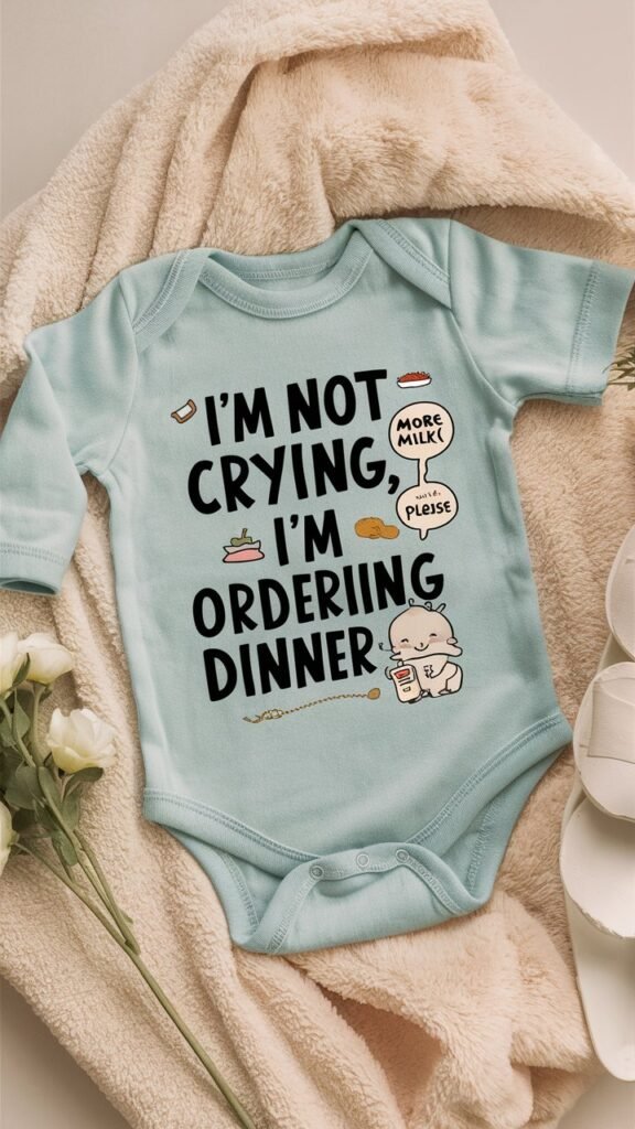 A newborn onesies displayed on a clean, neutral background with the text 'I'm Not Crying, I'm Ordering Dinner' printed on it. The onesie should be in a soft color like light blue, pastel yellow, or white. The text should be in a playful, yet bold font, with a small, cute illustration of a baby bottle or a fork and spoon to emphasize the food theme. The words 'Ordering Dinner' could be highlighted in a contrasting color to draw attention. The background could include subtle elements related to food, like a small plate, bib, or baby food jar, creating a light-hearted and humorous vibe that resonates with parents.