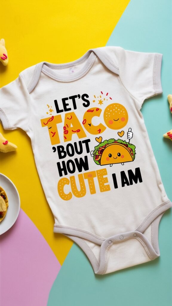 A newborn onesies laid out flat on a vibrant, contrasting background like a sunny yellow or soft aqua. The onesie is in a light, neutralcolor, such as white or pale beige. The text "Let's Taco 'Bout How Cute I Am" is displayed in a fun, bold font with playful taco-themed lettering—each letter could be designed to resemble taco fillings or have a sprinkle of colorful confetti. Include a humorous illustration of a cute, smiling taco character with big, friendly eyes and tiny arms, giving a thumbs-up. The taco could be surrounded by small, whimsical accents like tiny hearts or stars. In the background, add subtle food-themed props such as miniature taco-shaped plush toys or a small plate of tacos to enhance the theme without overwhelming the main design.