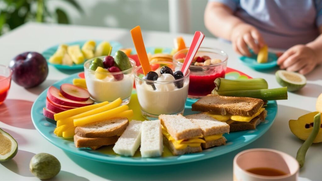 A bright and colorful image showcasing a variety of healthy snacks for toddlers. Include visually appealing options like sliced fruits, veggie sticks, small sandwiches, and yogurt parfaits arranged on a cheerful, kid-friendly plate. The background should be a clean kitchen or dining table setting with soft, natural lighting that highlights the freshness and vibrancy of the food. Include subtle elements like a toddler's hand reaching for a snack or a small cup of juice nearby. The overall tone should be inviting, healthy, and appealing to both kids and parents.