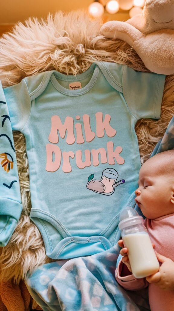 A newborn onesie displayed on a soft, cozy surface with the text 'Milk Drunk' printed on it. The onesie should be in a light, soothing color like pastel blue, soft pink, or white. The text should be in a fun, relaxed font that conveys the comfort and contentment of a post-feeding nap. Consider adding a small, playful illustration of a milk bottle with a happy face or a sleeping baby with a milk bottle nearby. The background should be warm and inviting, with elements like a baby blanket or a plush toy to emphasize the cozy, post-feed vibe.