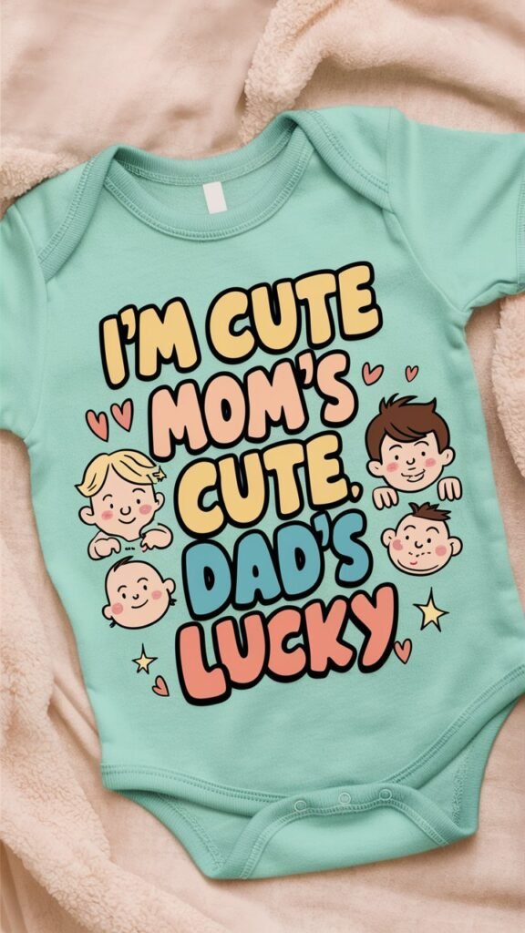 A newborn onesies laid out flat on a soft, neutral background, such as a light gray or beige. The onesie itself should be in a gentle pastel color,like mint green or soft pink. The text "I'm Cute. Mom's Cute. Dad's Lucky." is prominently displayed in a playful, bold font with a touch of cheeky flair, perhaps with each line in a different color for added emphasis. Include a small, humorous illustration to complement the text—perhaps a smiling baby in the center, flanked by cartoonish, affectionate representations of Mom and Dad. Mom could be depicted with a sweet, loving expression and Dad with a slightly flustered but happy look. To further highlight the cheekiness, add subtle decorative elements like tiny hearts or stars around the text. The background can be kept simple to ensure the onesie stands out as the focal point.